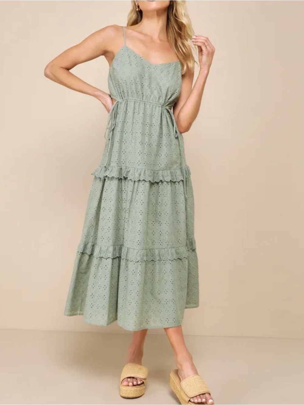 NWT Lulus Summertime Babe Sage Green Eyelet Embroidered Cutout Midi Dress